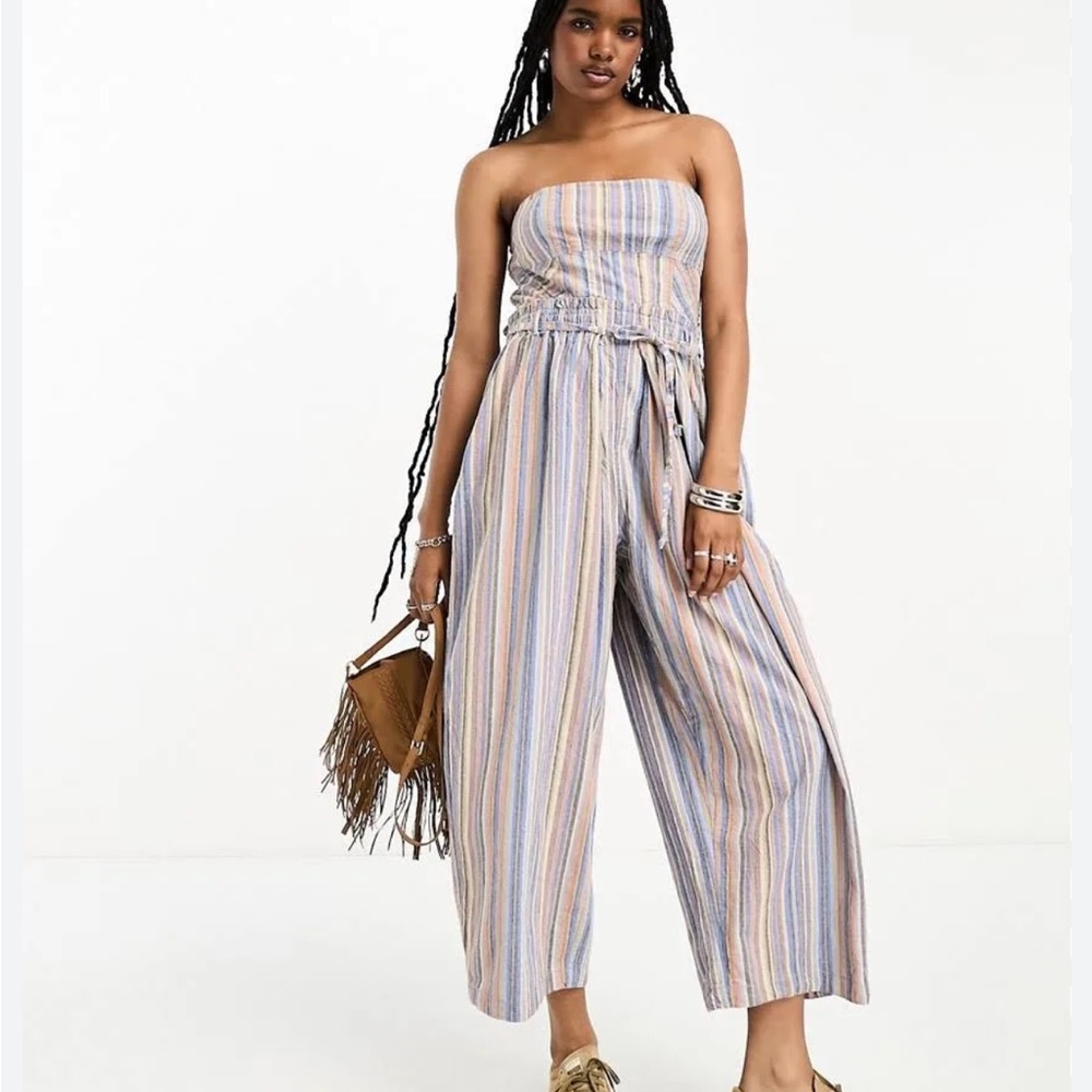 NWOT Free People Roaming Shores striped linen bandeau jumpsuit
